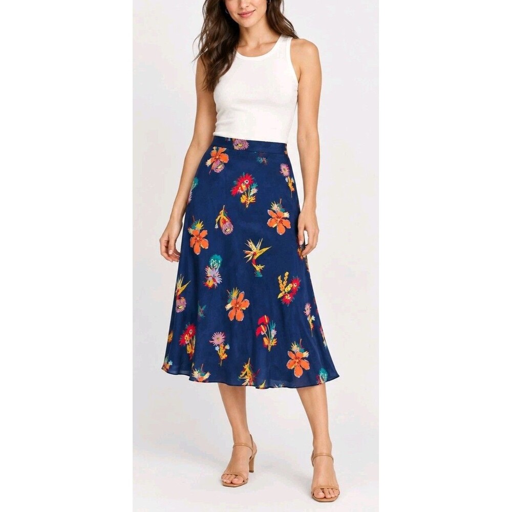 Madewell 100% Silk Atrium Midi Skirt Bird of Paradise Floral Navy Size 0